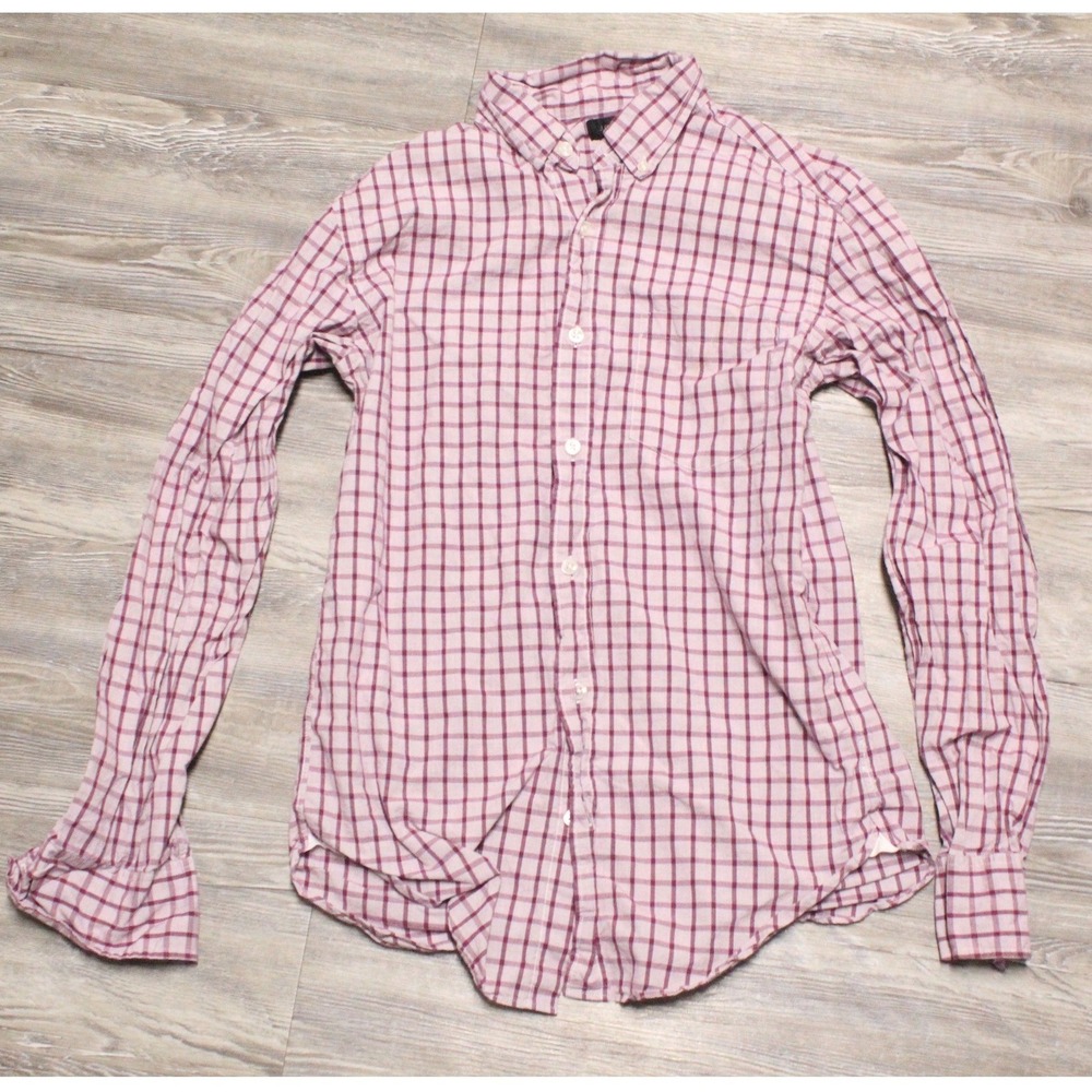 J.Crew Shirt Mens XS Pink Burgundy Grid Check Cotton Button Down Long Sleeve